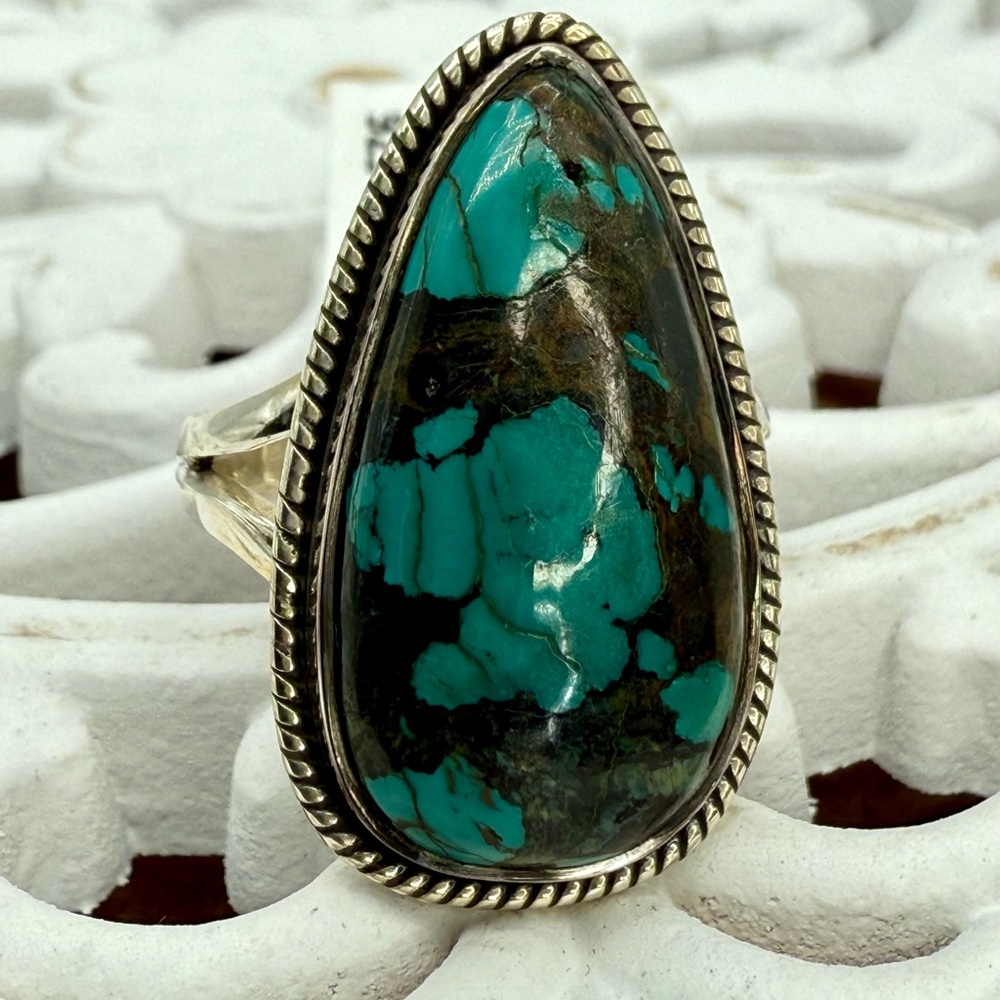 Sterling Silver Tibetan Turquoise Ring Size 9 Teardrop Cabochon Statement | NWT